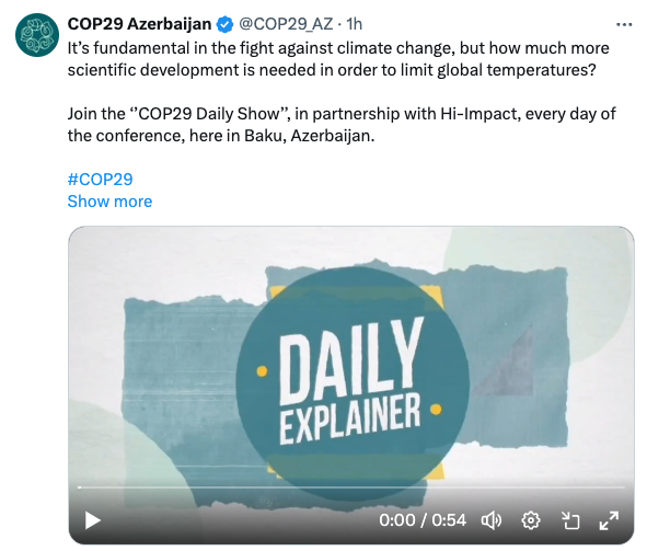 Thumbnail of a video titled "Daily Explainer," promoting the "COP29 Daily Show" about climate change in Baku, Azerbaijan. Conference details and hashtags are included.