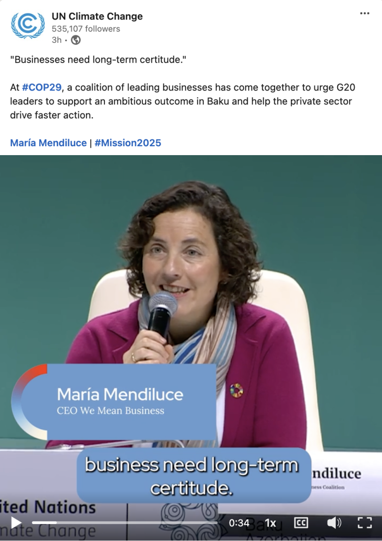 Woman speaking at a climate event with a microphone. Text overlay reads: "Businesses need long-term certitude." She is labeled as María Mendiluce, CEO.