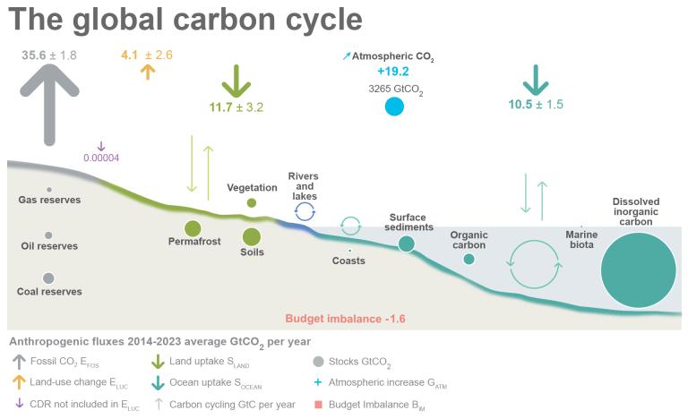 Diagram illustrating the global carbon cycle, showing various carbon sources, exchanges between atmospheric, land, and ocean systems, and the overall budget imbalance of -1.6 gigatons CO2.