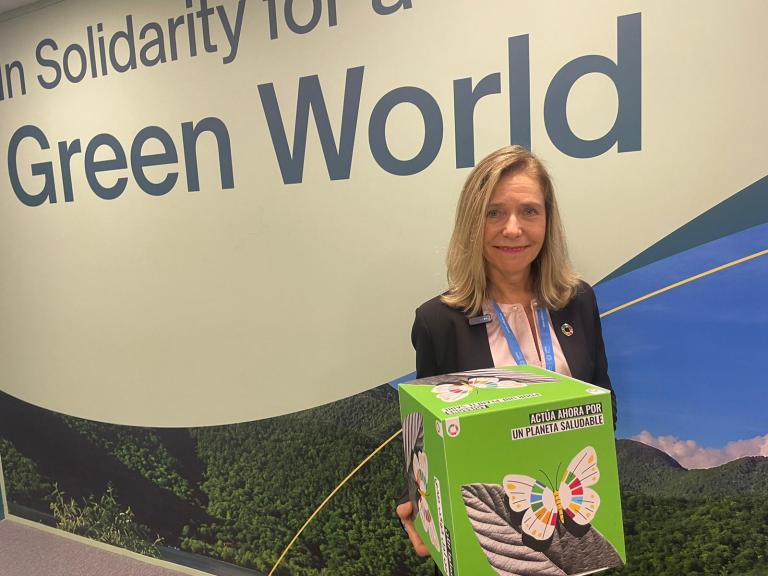 A woman holds a green box in front of a wall with the slogan "In Solidarity for a Green World.