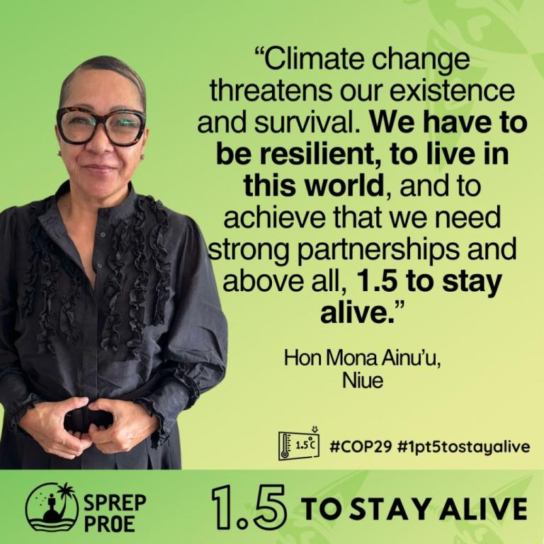 A person stands against a green background with a climate change quote. Text includes hashtags #COP29 and #1pt5tostayalive.