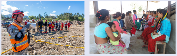 Left: Rescue workers in helmets and vests stand in a line outdoors. Right: A group of women and children sit indoors, talking.