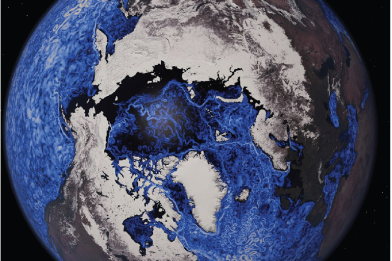 A view of the Earth's Arctic region showing swirling ocean currents in blue, surrounded by dark land masses and white ice-covered areas.