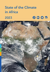 Cover of "State of the Climate in Africa 2023" report featuring a satellite image of Africa with cloud coverage.