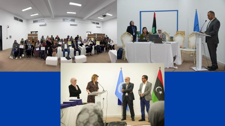 Collage of three images showing meetings with people speaking at podiums, attendees seated, and flags displayed.