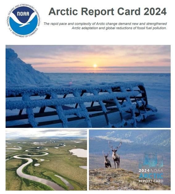 Cover of the Arctic Report Card 2024 featuring images of a snowy landscape, a winding river, and two reindeer in a mountainous area.