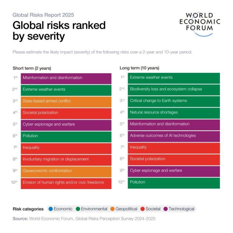 Chart from the World Economic Forum showing global risks by severity, split into short-term (2 years) and long-term (10 years), with categories: economic, environmental, geopolitical, societal, and technological.