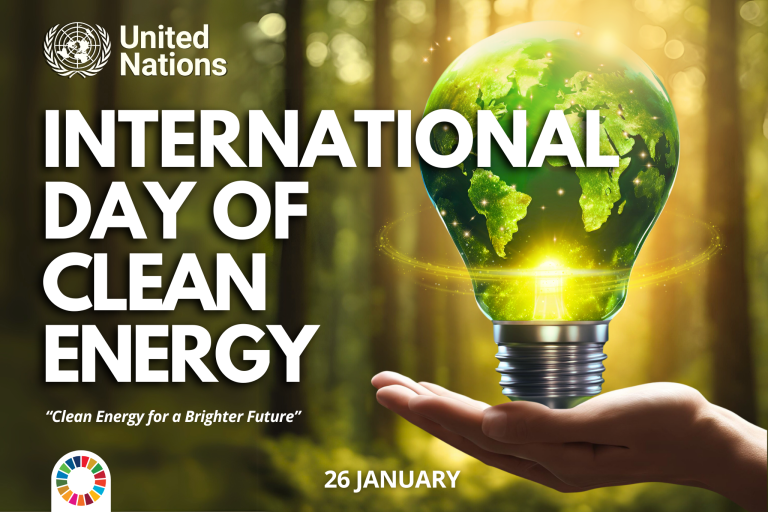 Poster for International Day of Clean Energy by the United Nations, featuring a green lightbulb with Earth inside, a hand holding it, and the date 26 January.