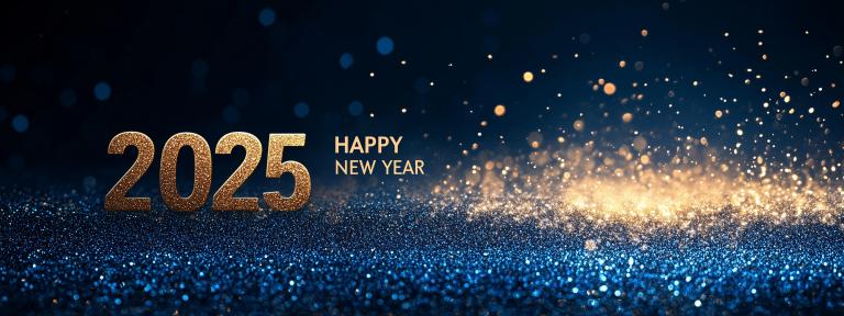 2025 Happy New Year" text in gold with sparkling, shimmering background.