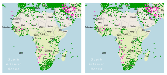 Two maps of Africa show green and pink dot distributions, indicating data points or occurrences, with country borders and names labeled.