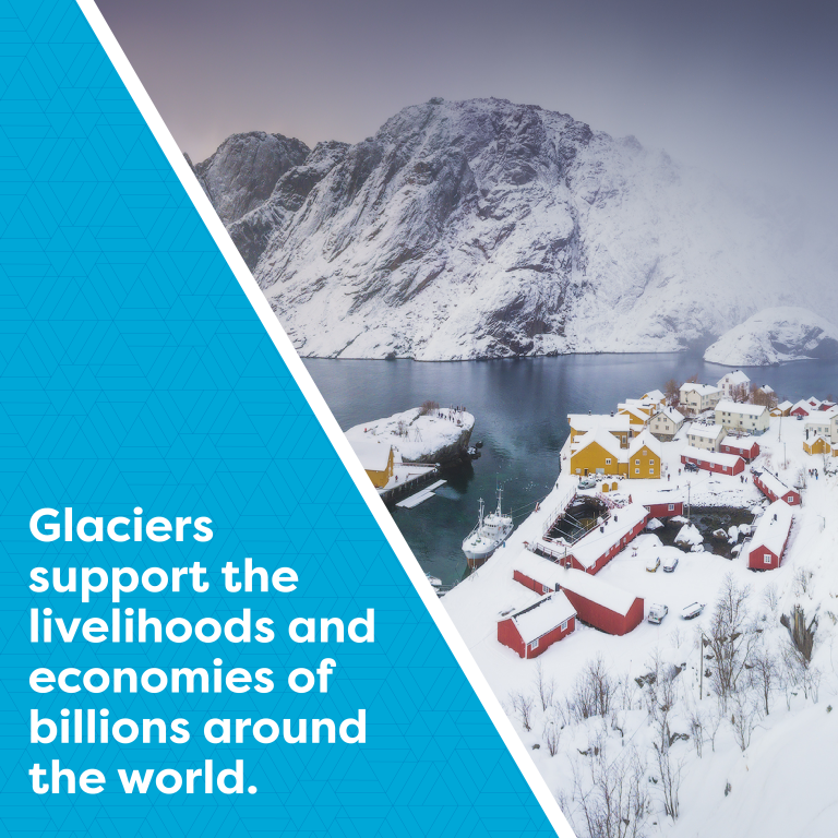 Snow-covered village by a fjord with a mountain backdrop, featuring a text overlay about glaciers supporting global livelihoods and economies.