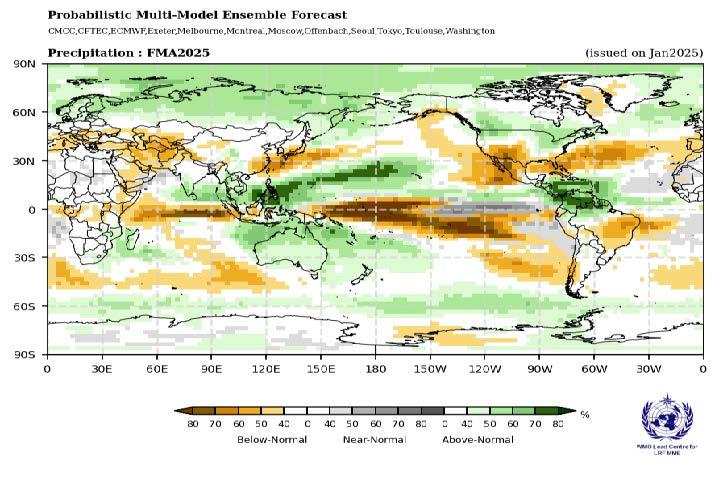 Global precipitation forecast map for February to April 2025, showing below-normal (brown), near-normal (white), and above-normal (green) precipitation areas across various regions.