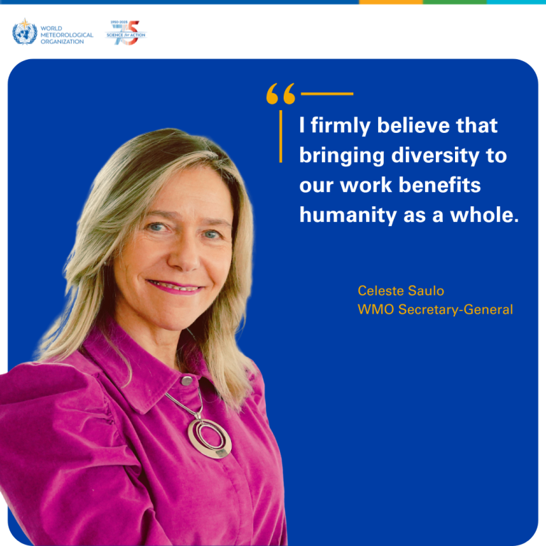 A person in a pink shirt is smiling against a blue background with a quote about the benefits of diversity. Text indicates they are the WMO Secretary-General, Celeste Saulo.