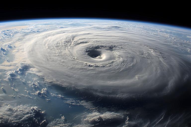 Satellite view of a large hurricane with a distinct eye and swirling cloud patterns over the ocean.