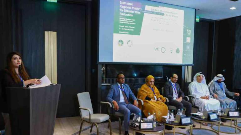 A woman speaks at a podium, while five people sit on a panel in a conference setting. The screen displays a title related to disaster risk reduction.