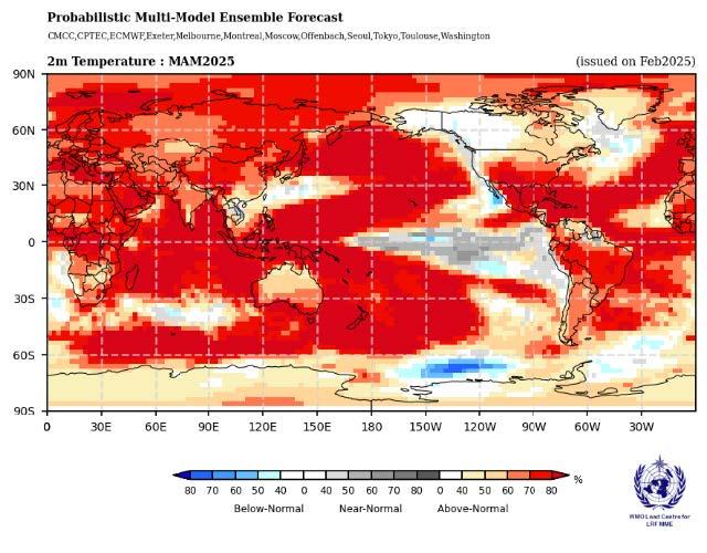 Global map showing a temperature anomaly forecast for February 2025, with red areas indicating above-normal temperatures and blue areas indicating below-normal temperatures.