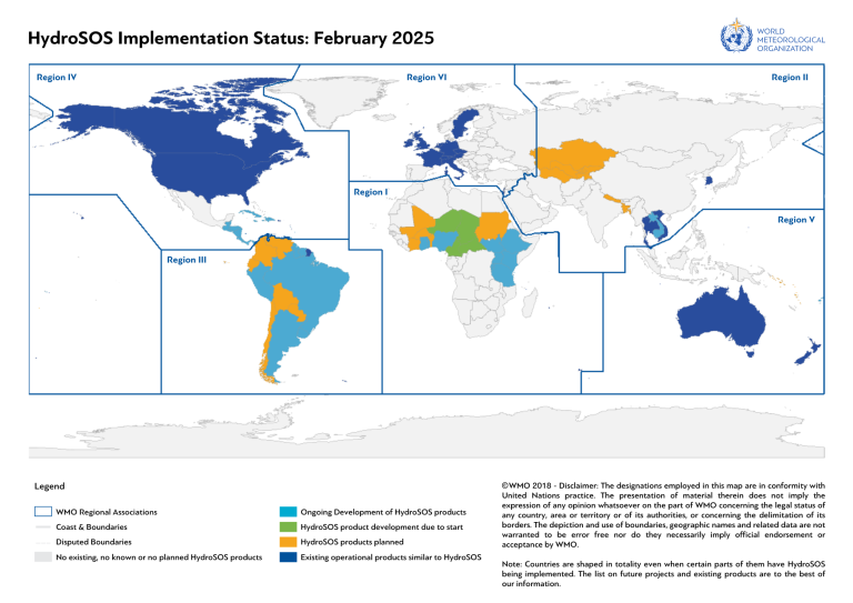 Map showing HydroSOS implementation status as of February 2025. Features regions with ongoing development, existing products, planned implementations, and no current plans.