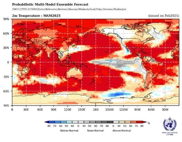 World map showing temperature anomalies for February 2025, with red indicating above-normal temperatures and blue below-normal. The map includes labels and is issued by WMO.