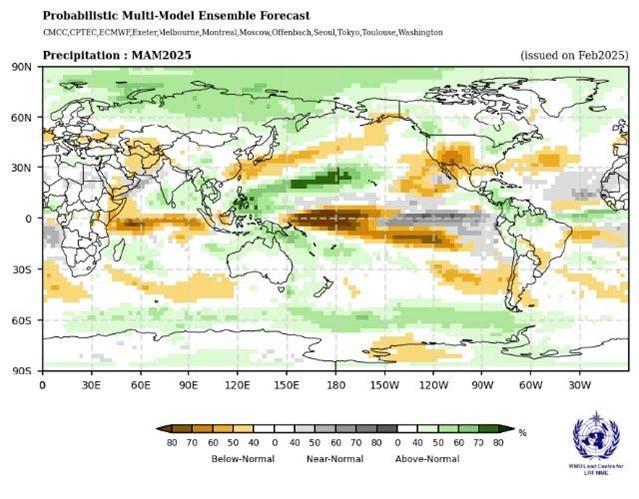 World map showing probabilistic multi-model ensemble precipitation forecast for March to May 2025. Color scale indicates regions of below-normal to above-normal precipitation levels.