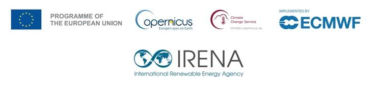 Logos for the European Union Programme, Copernicus, Climate Change Service, ECMWF, and IRENA, International Renewable Energy Agency, appear here.