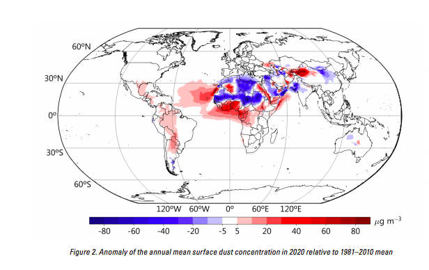 Annual mean surface concentration of mineral dust in 2020