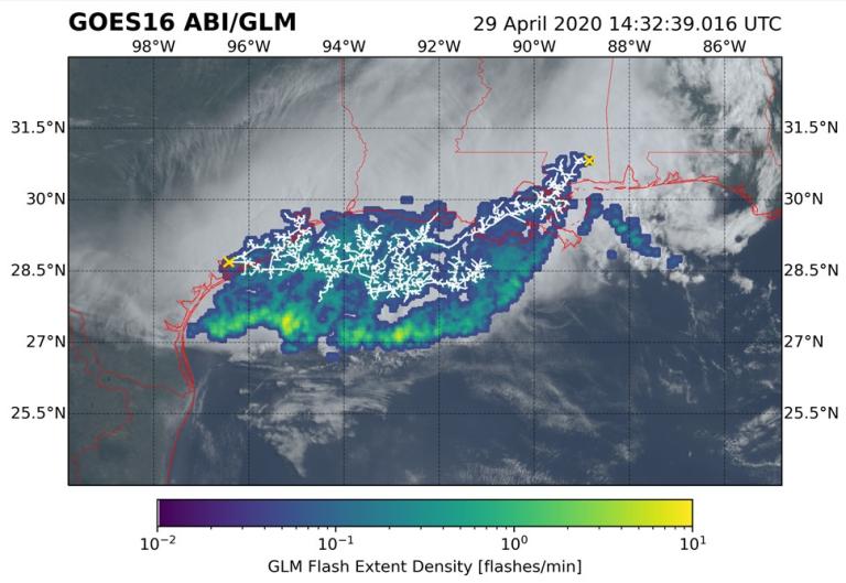 Satellite image of record extent of lightning flash