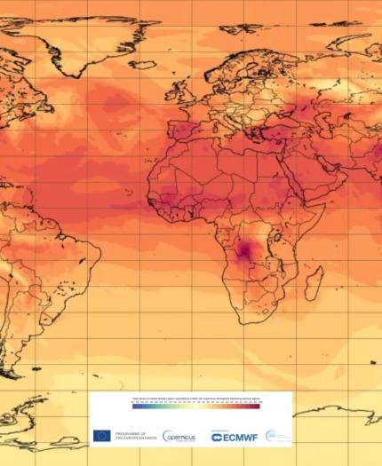 A heat map of the world displaying temperature anomalies, showing higher temperatures in dark red and lower temperatures in light orange.