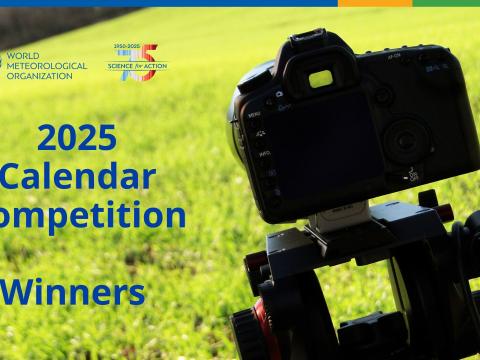 Camera on a tripod in a grassy field with text: "2025 Calendar Competition Winners" next to the World Meteorological Organization logo.